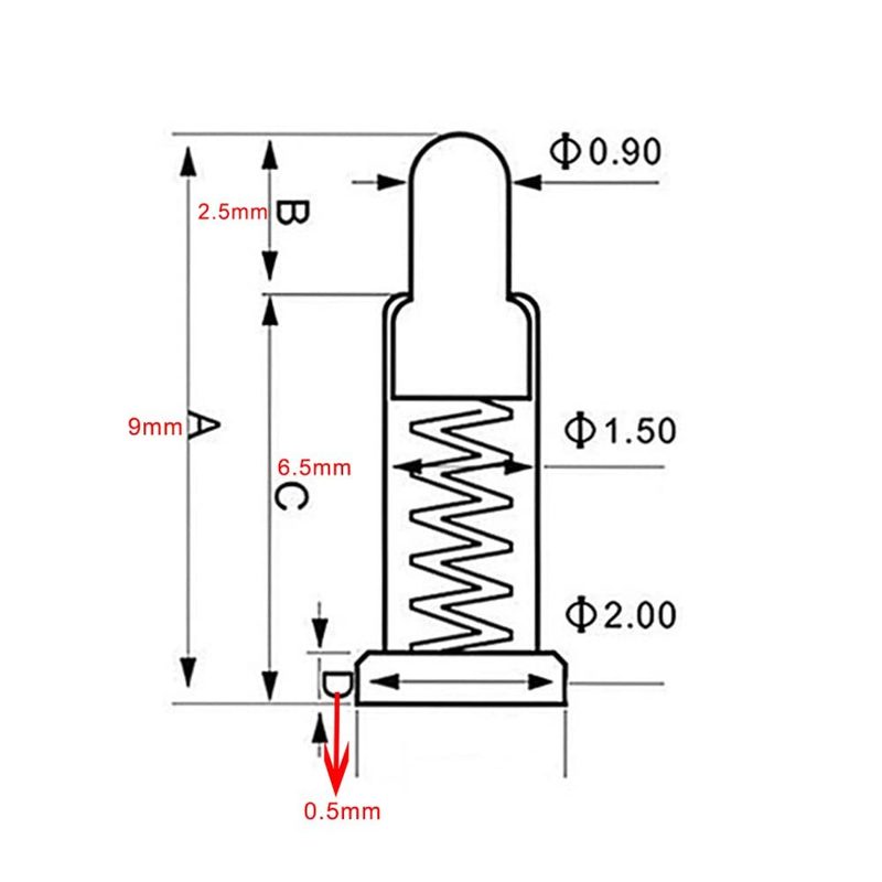 Gold Plated Spring Test Probe with 9mm Total Length 6.5mm Tube Length and 2.5mm Needle for PCB Testing