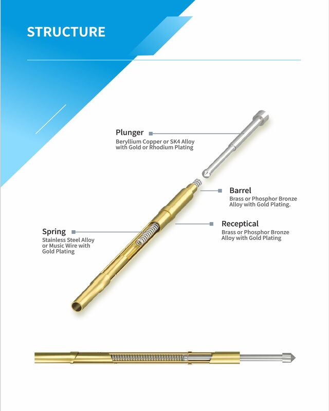Gold Plated Brass Barrel Spring Test Probe with 0.5amps Current Rating and 50mΩ Max Contact Resistance for In-Circuit-Test (ICT)